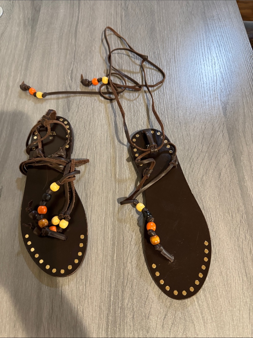 Brown Beaded Lace-Up Flat Sandals size 37